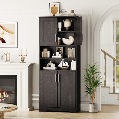 67" Tall Storage Cabinet with Doors and Open Shelves, Freestanding Linen Tower with Adjustable Shelves, Modern Pantry Cabinet for Bathroom, Kitchen, o by Ebern Designs