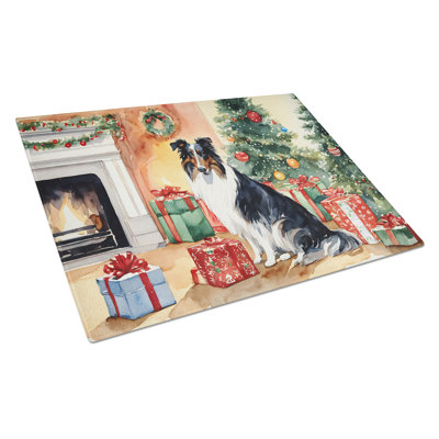 Collie Cozy Christmas Glass Cutting Board Large
