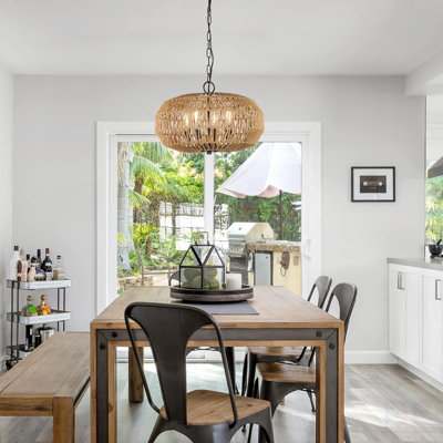 Farmhouse Rattan Pendant Lights, 15.7" 4-Light Boho Chandelier Light Fixture, Wicker Hand Woven Basket Pendant Hanging For Dining Room Living Room Kitchen Island Bedroom Foyer, Height Adjustable