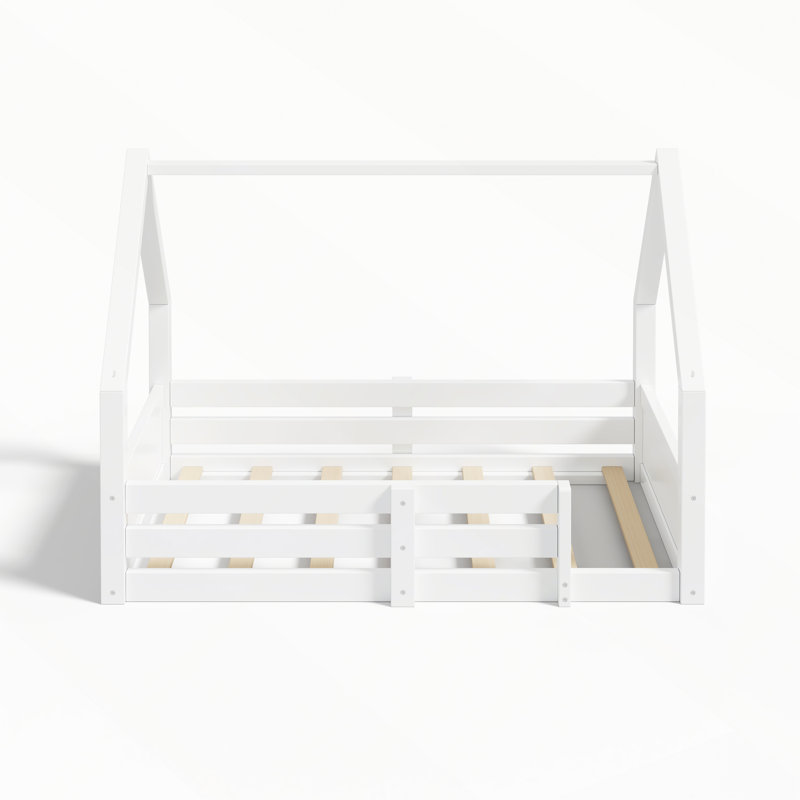 Lit en bois avec structure de toit et barrières de sécurité, Lit simple, Blanc