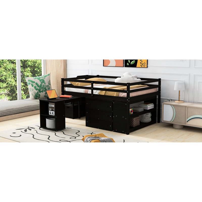 Lit mezzanine avec 3 tiroirs et bureau rétractable pratique, Espresso
