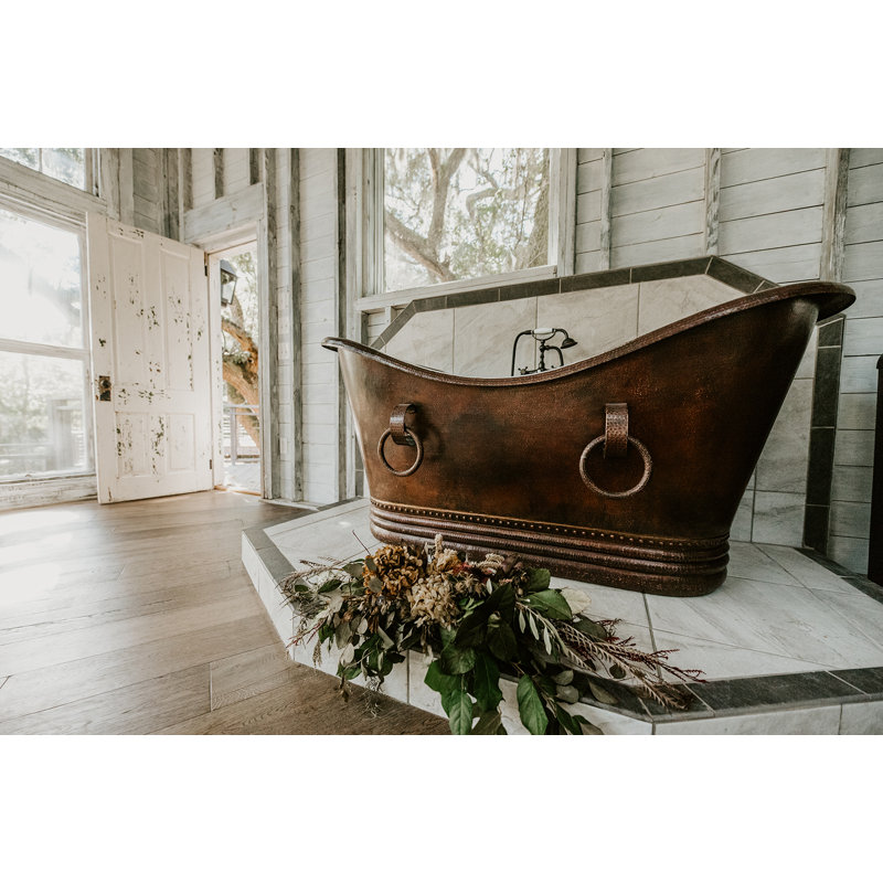 67" Hammered Copper Double Slipper Bathtub With Rings, Oil Rubbed Bronze