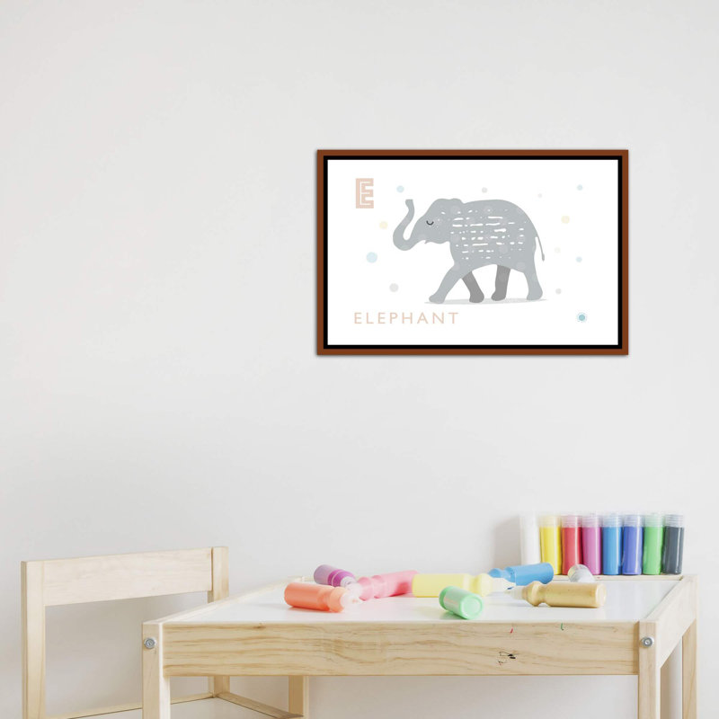 E Is for Elephant - impression d'art graphique, Pas de tapis, Toile avec cadre brun, H 18 po x l 26 po x P 1,5 po