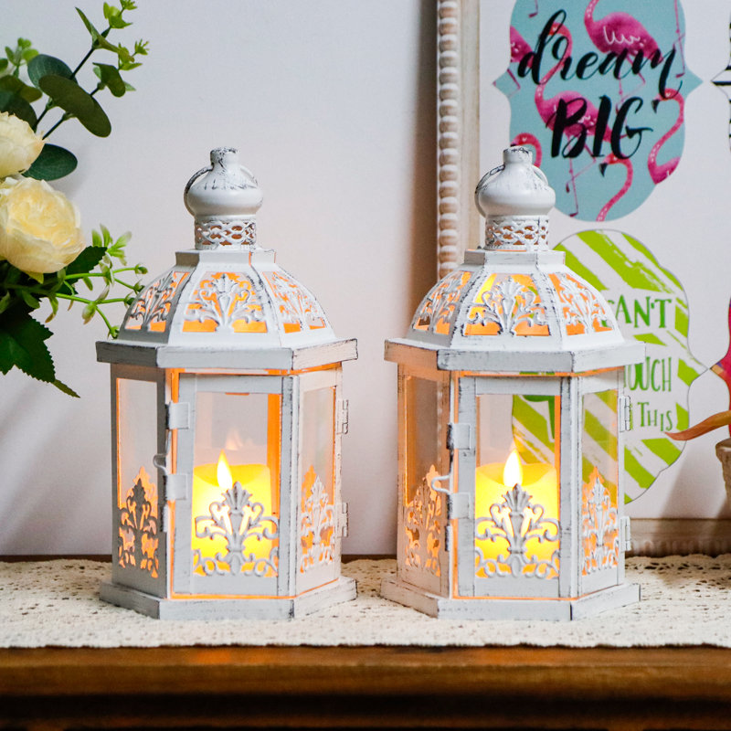 Set of 2 Vintage Decorative Lanters 9.5" H Hanging Lantern Metal (White), White, 2