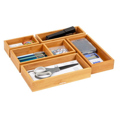  5-Piece Bamboo Drawer Organizer Set, Stackable Storage Trays for Kitchen, Bathroom, Office, Makeup & Jewelry, Rayon from Bamboo, Brown