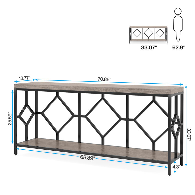 Très longue table d'appoint 70,86 po, console 2 niveaux, Gris / Noir