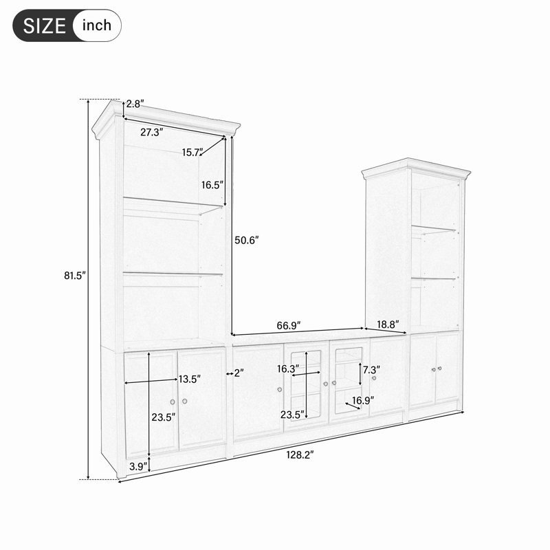 128.2" W Wall Unit Entertainment Center TV Stand With Bookshelves For Tvs Up To 80",, Black