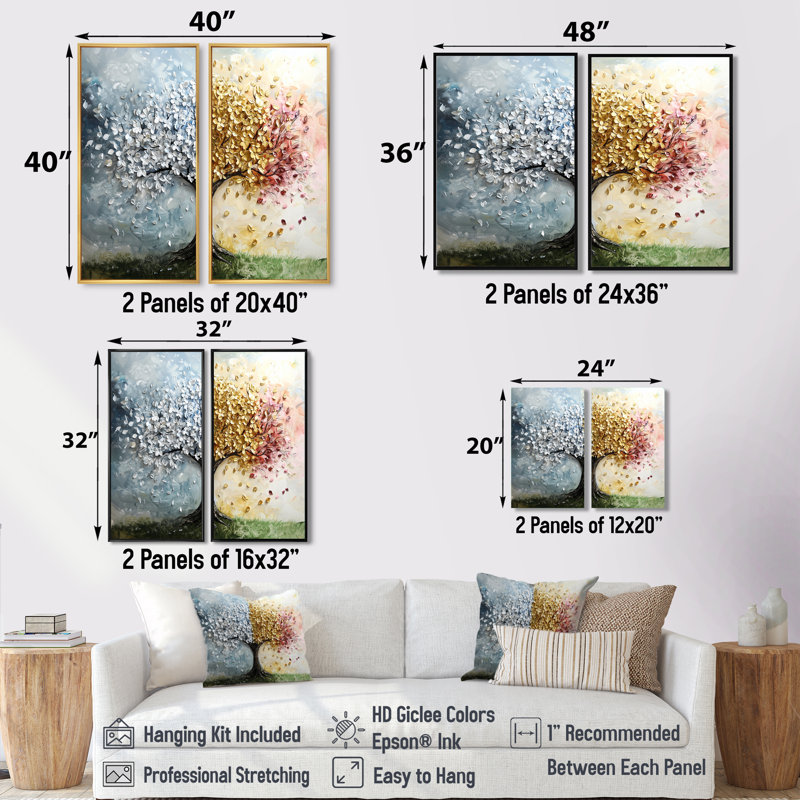 Arbre de vie quatre saisons II - art mural bleu 2 pièces, 32" H x 32" W, Impression encadrée flottante, Brown