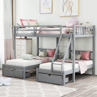 Full Over Twin & Twin Bunk Bed, Wood Triple Bunk Bed with Drawers and Guardrails by Harriet Bee