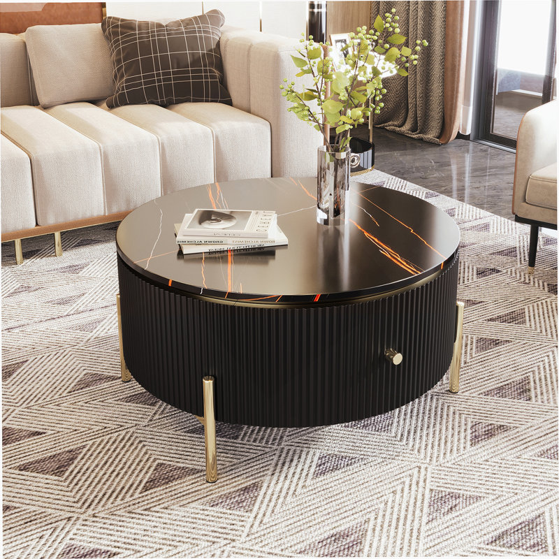 Round Coffee Table with 2 large Drawers Storage Accent Table, Black