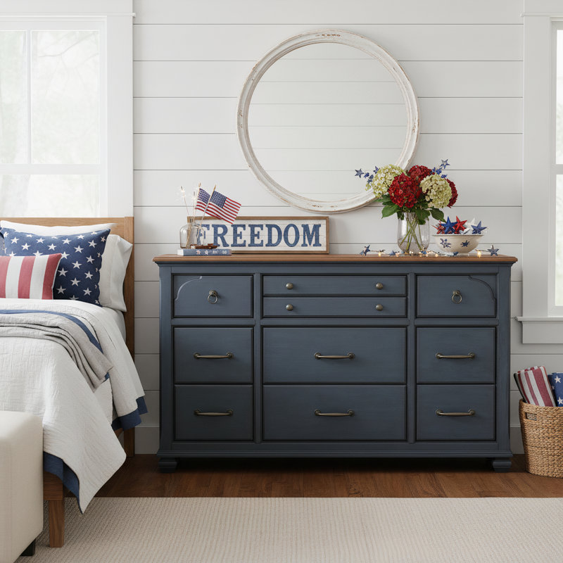 Wauneta 66" 9-Drawer Dresser, Fully Assembled, Soft Close Drawers, Felt Lined Jewelry Drawer, Corduroy Blue, Traditional Coastal