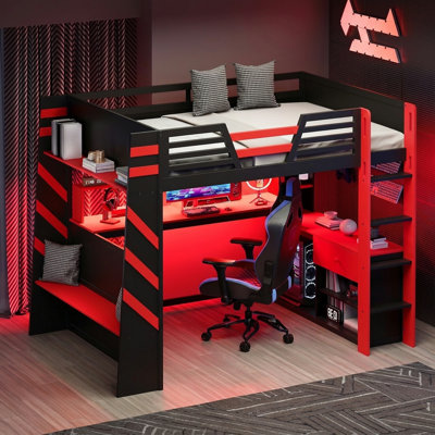 Lit mezzanine de jeu sur le thème de l'e-sport avec espace de travail intégré, éclairage d'ambiance à DEL, rangement et barrière de sécurité.
