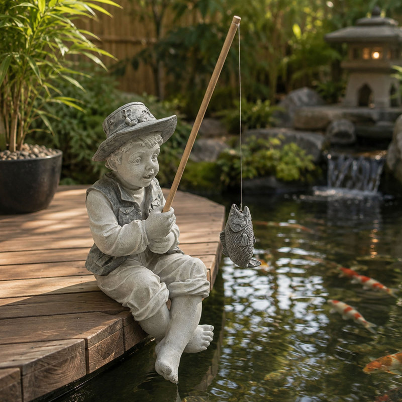 Statue de jardin 15 po Little Fisherman en polyrésine, finition pierre deux tons