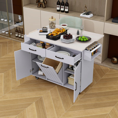 Îlot de cuisine mobile extensible avec plusieurs options de rangement et poubelle inclinable intégrée