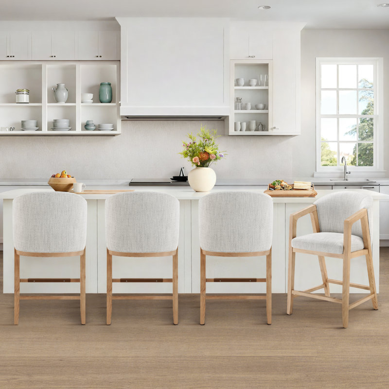 Daina Upholstered Counter & Bar Stool with Exposed Wood, Prestige Ivory/Basketweave