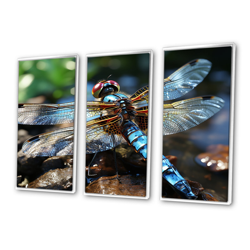 «Blue Fluttering Dragonfly I», art mural libellule, Cadre flottant blanc, H 32 po x l 48 po