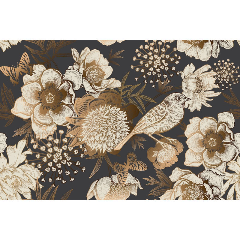 Papier peint amovible pivoines dorées avec oiseaux et papillons, L 35,04 po x l 55 po