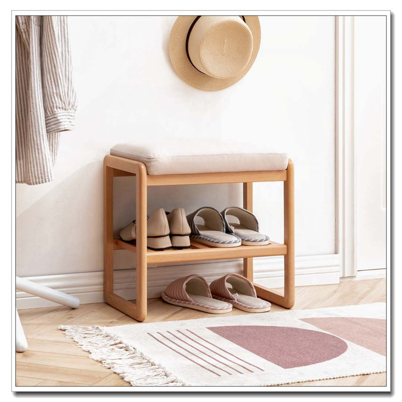 Banc à chaussures en bois massif avec coussin éponge à rebond élevé, Naturel