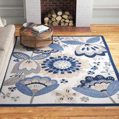 Tapis intérieur / extérieur bleu / gris / ivoire à motif floral Adamo
