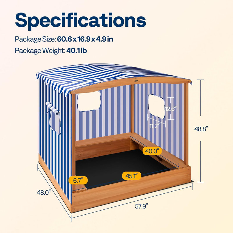 58x48in Wood Sandbox with Detachable UV-Blocking Canopy & Ventilation Windows