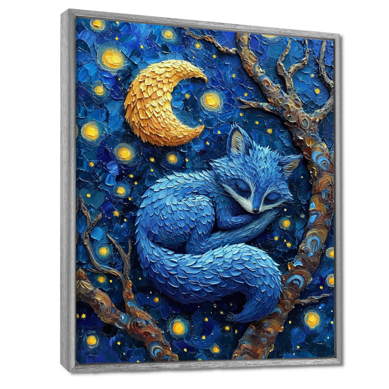 Mignon renard bleu dormant sous la pleine lune, Encadrement argenté, H 20 po x l 12 po x P 1 po