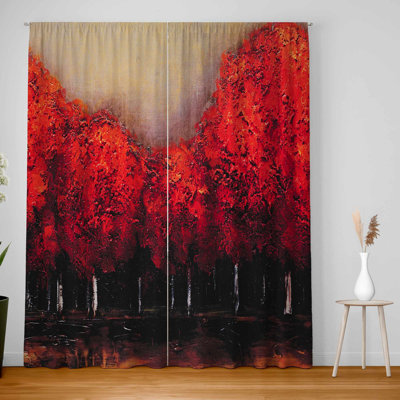 Red Dark Trees Blackout Window Curtain Pair for Home Decor
