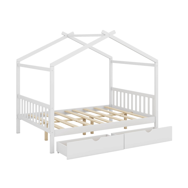 Lit plateforme double pleine grandeur avec 2 tiroirs, tête et pied de lit, toit, Blanc