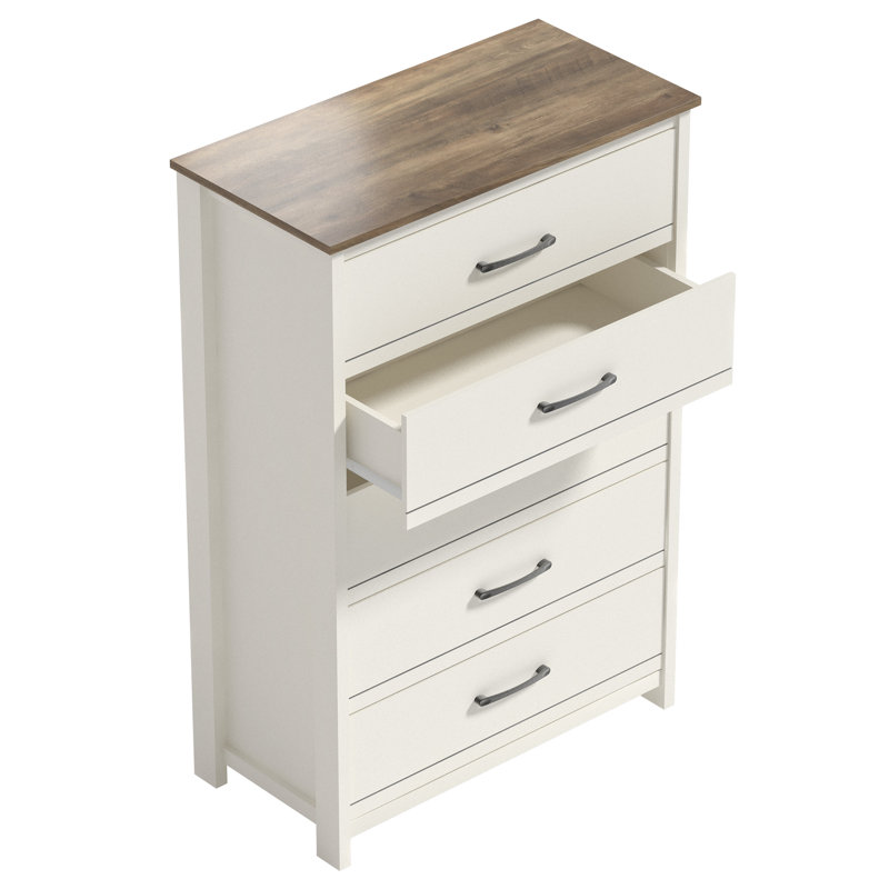 Commode 5 tiroirs Aubarta, Ivoire / chêne noueux