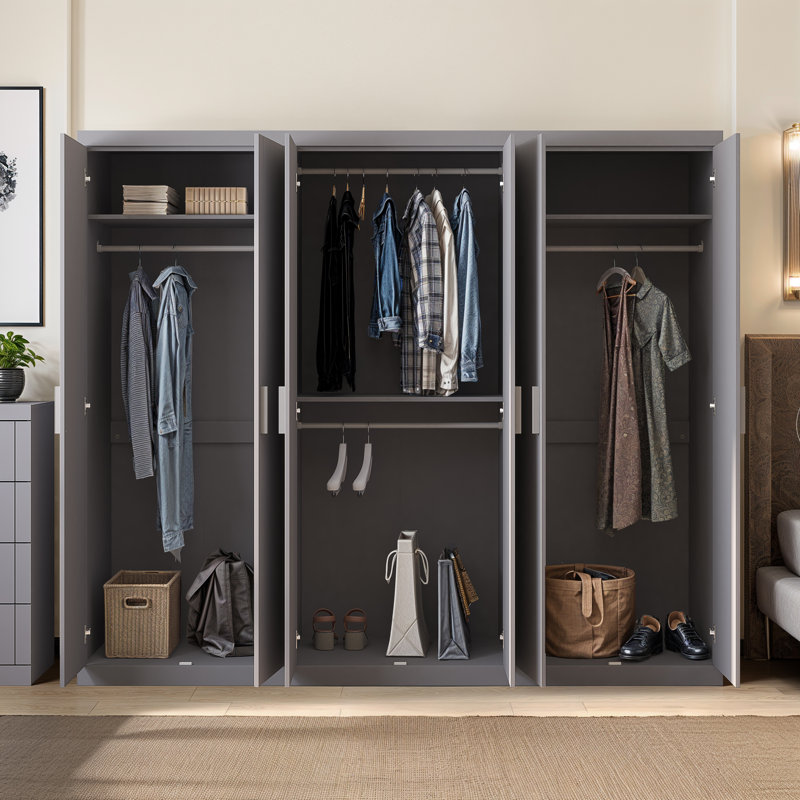 6 Door Wardrobe With Mirror, Cool Grey