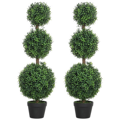 Set Of 2 Decorative Artificial Plants, Topiary Ball-Shaped Boxwood Trees In Pot, Fake Plants For Home Indoor Outdoor Decor, 39.4 Inch, Green