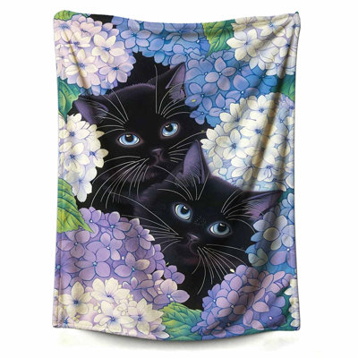 Couverture avec deux chats noirs et fleurs mauves Jeté pour canapé-lit, voiture, salon, chambre à coucher, 60 x 80 po