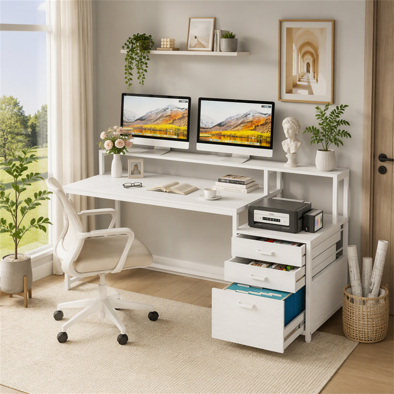 Bureau d'ordinateur 63 po, bureau ergonomique avec tiroirs et support pour écran 63 po, White