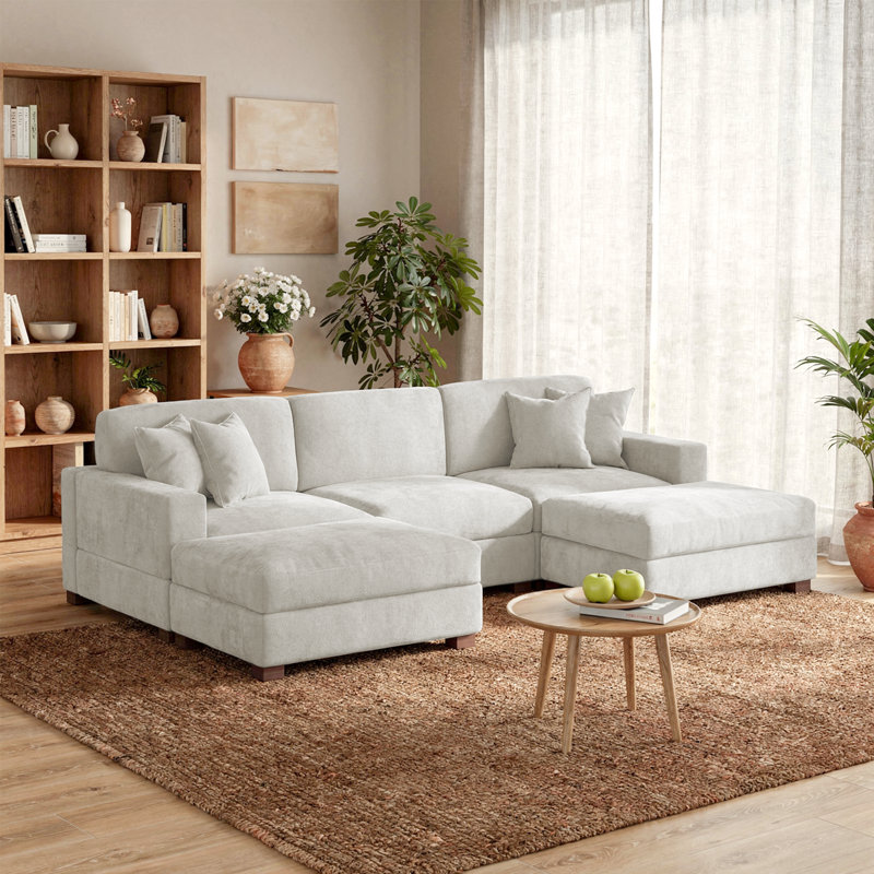 Canapé modulaire rembourré en chenille 5 pièces avec coussins décoratifs et repose-pieds amovibles 5 pièces