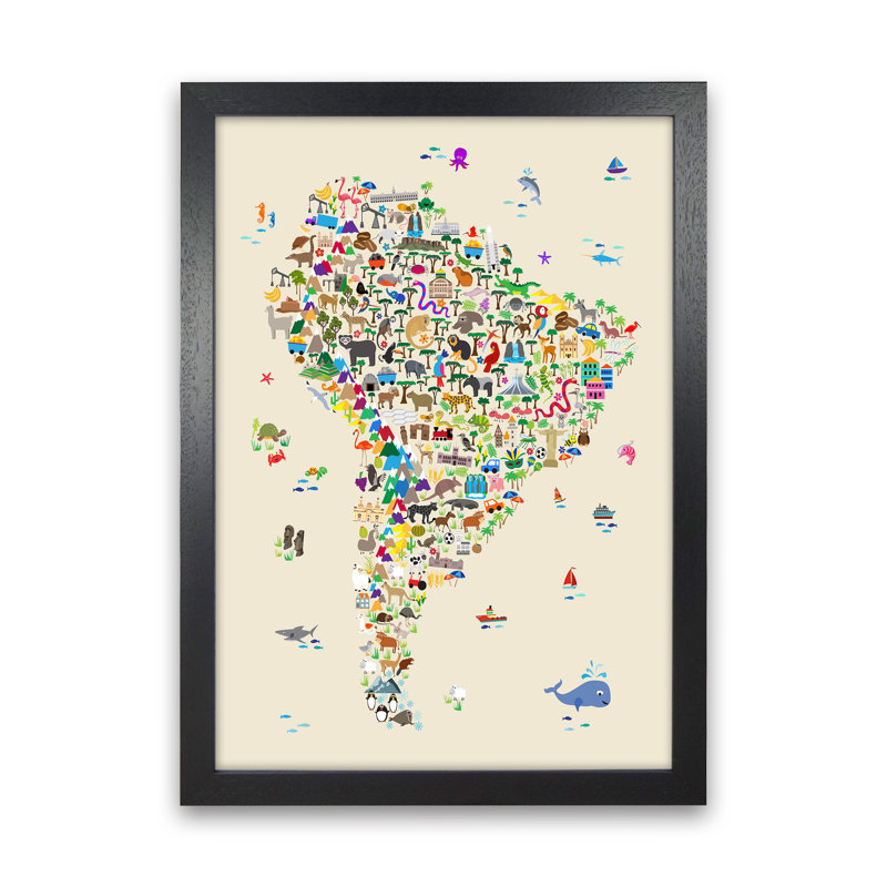Animal Map Of South America by Michael Tompsett - Print, 46cm H x 34cm W x 3cm D, Black Framed