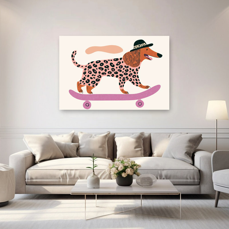 Cool Dog On Skateboard Modern Playful Contemporary Dog Wall Art Print 1 Piece Wrapped Canvas Wall Art, 101.6cm H x 152.4cm W