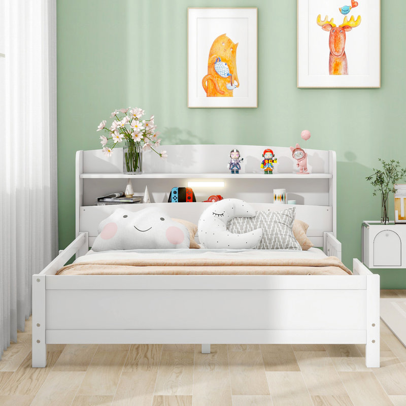 Lit plateforme en bois avec DEL, rangement pour tête de lit et garde-corps blanc, Lit double, Blanc