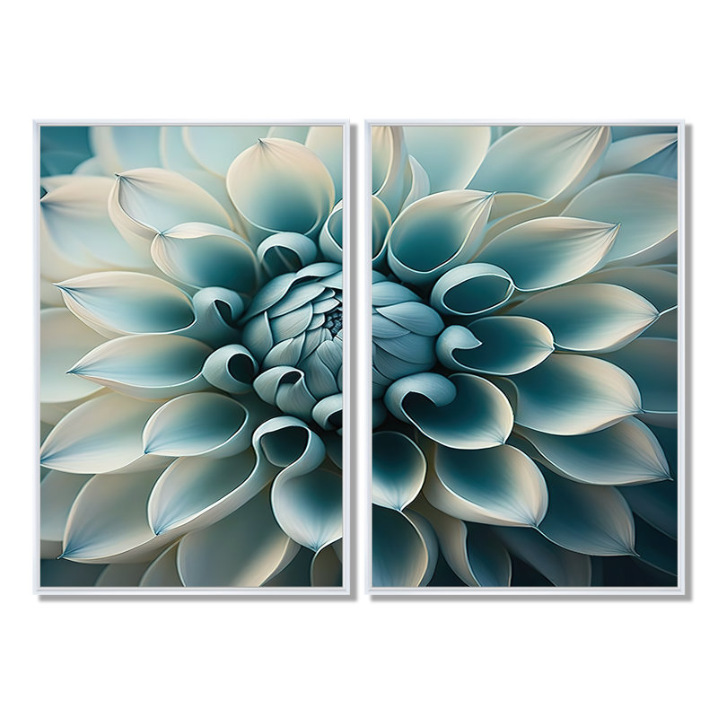 Bleu, blanc, fleurs de dahlia I - grand art mural dahlia 2 pièces, 36'' H x 48'' W, Impression encadrée flottante, White