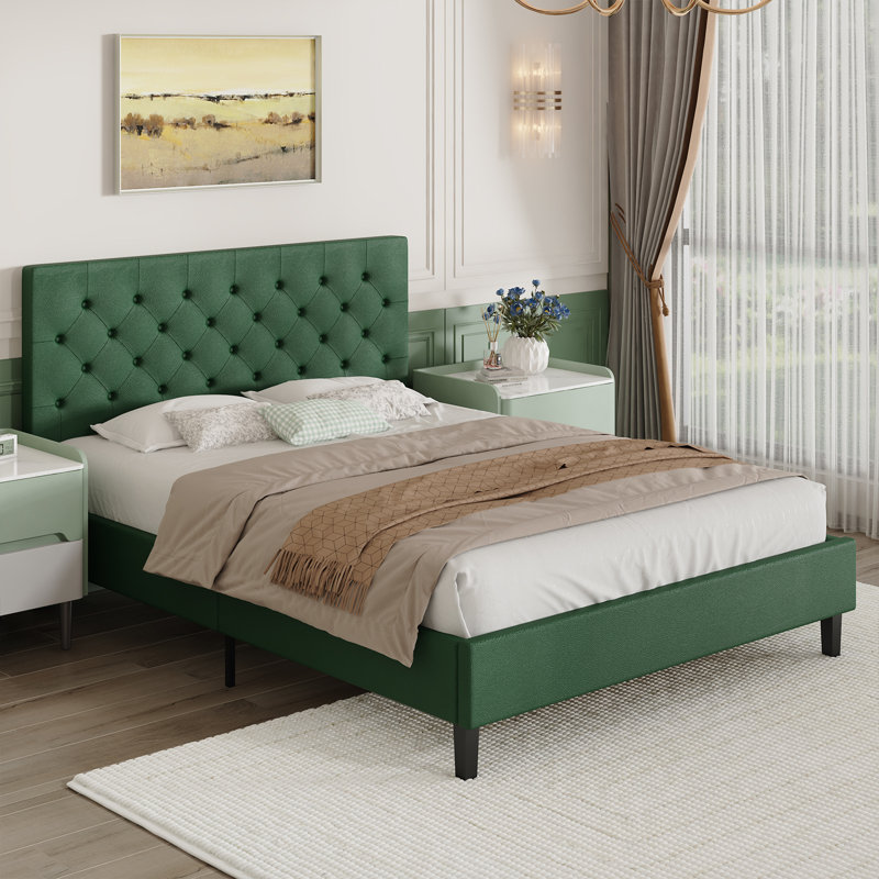 Structure de lit avec tête de lit, lit plateforme tapissier avec capitonnage à boutons Desigh, Lit double, Vert