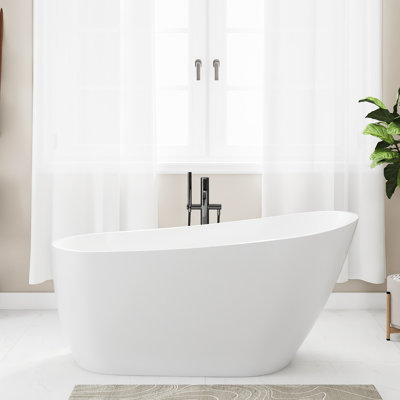 Baignoire autoportante en acrylique de 59 pouces, baignoire profonde élégante avec bonde escamotable et tuyau de vidange, certifié par Cupc, blanc brillant