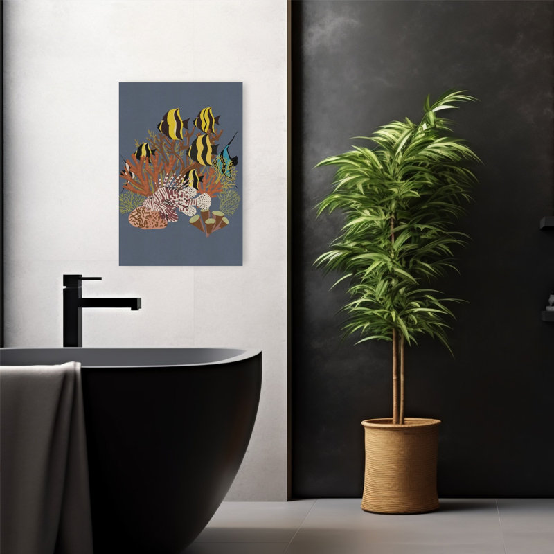 Impression sur bois tropical, poisson tropical et corail, H 24 po x l 16 po