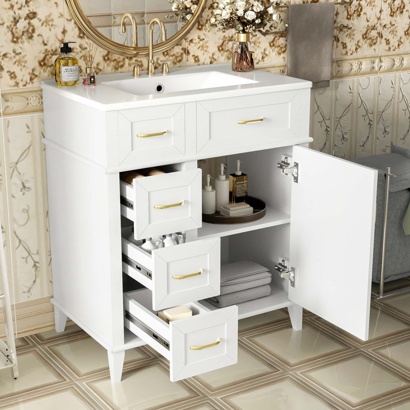 Meuble-lavabo de 30 pouces avec lavabo en céramique, tablette réglable, porte à fermeture en douceur, Blanc