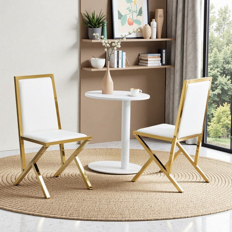 Ensemble de 2 chaises de salle à manger ergonomiques en métal doré avec dossier en polyuréthane, Blanc et or