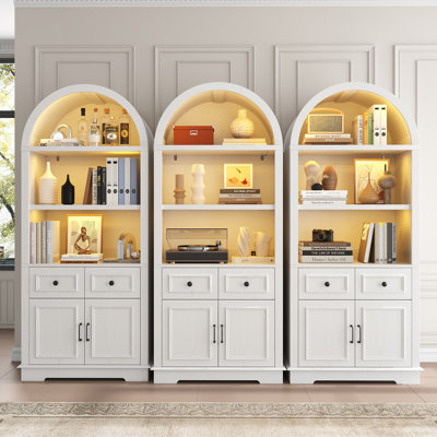 Set Of 3 – 70.8" Arched Bookcase With Motion Sensor Led Light & Built-in Power Outlet, 2 Drawers 2 Doors, Tall Freestanding Storage Hutch