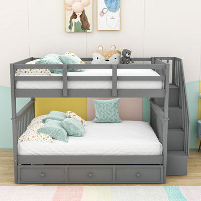 Harolene Kids Full Over Full 3 Drawers Wood Bunk Bed with Shelves