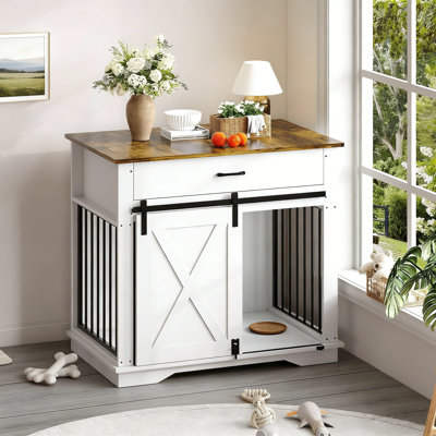 Meuble de rangement pour chien en bois de 37,8 po, chenil d'intérieur avec porte de grange coulissante résistant au masticage, table de bout décorative pour niche pour petits et moyens chiens