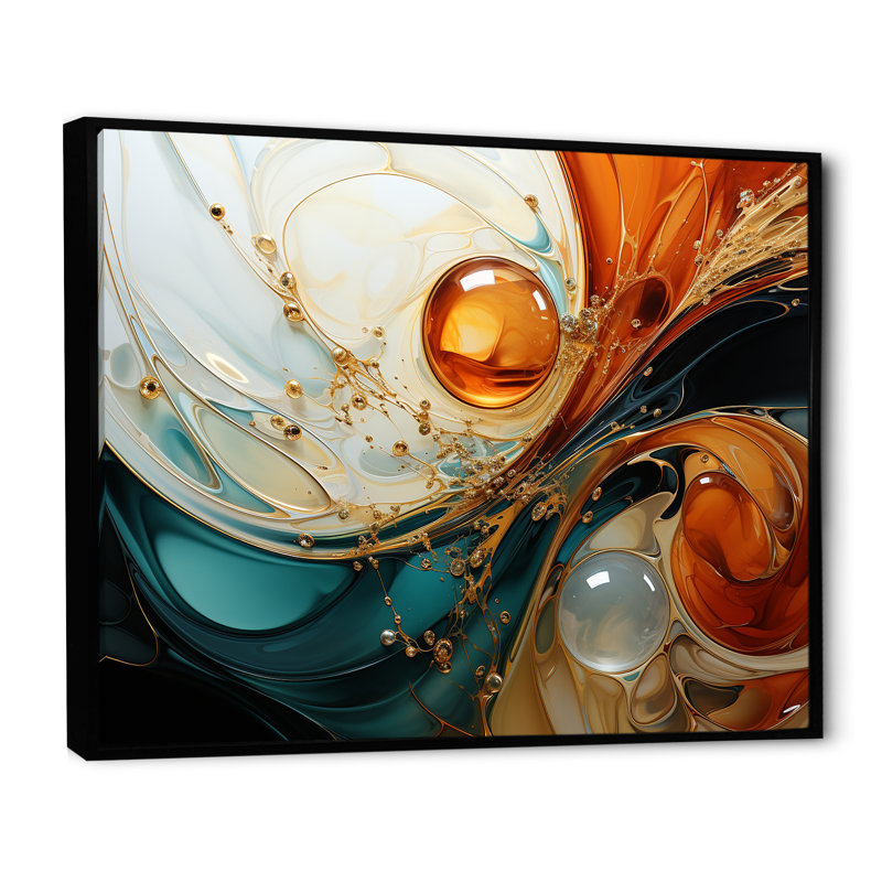 Orange et émeraude marbre lave IV - peinture abstraite, art mural, Cadre flottant noir, H 34 po x l 44 po x P 1,5 po