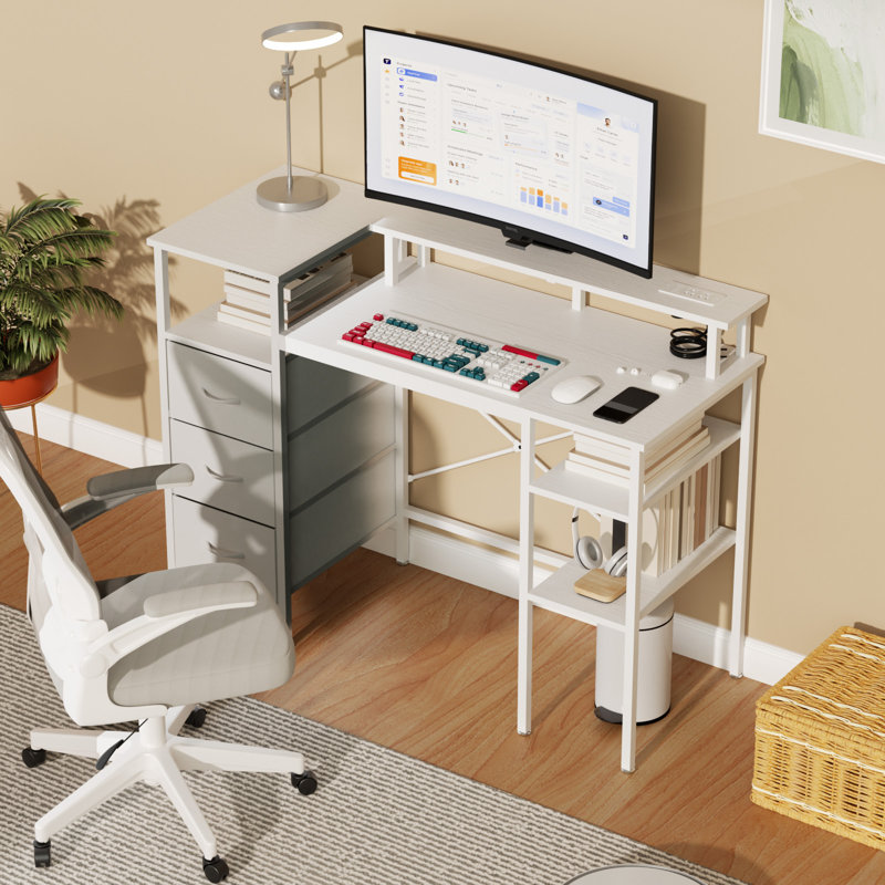 Bureau d'ordinateur moderne 47 po avec station de charge et tiroirs de rangement, White