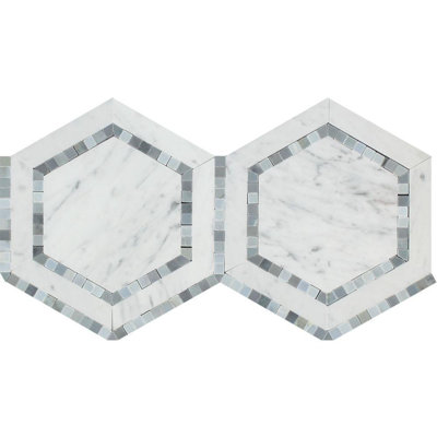 White Carrara 5" X 5" Hexagon With Blue/Grey Marble Look Floor And Wall Mosaic