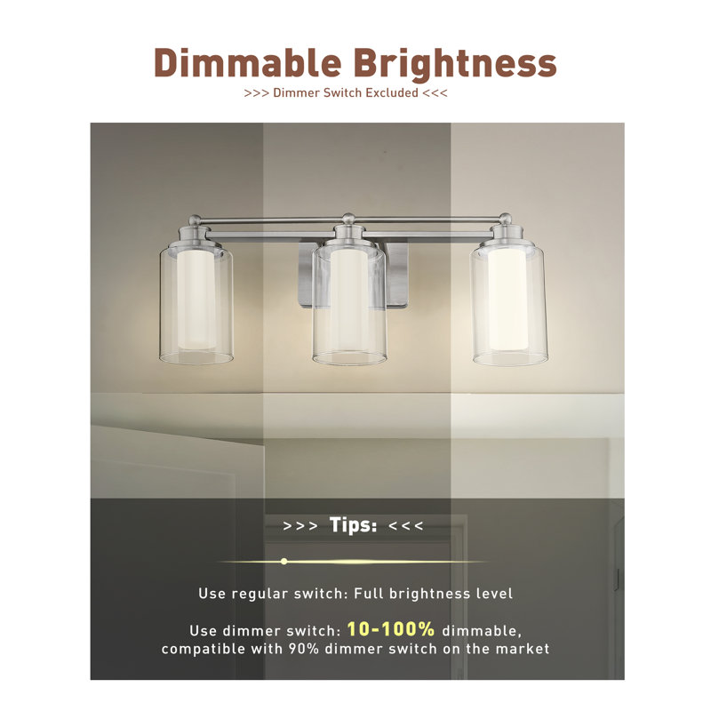 Luminaire de salle de bain moderne à 3 lumières DEL à intensité variable, 5 couleurs de température réglable, nickel brossé