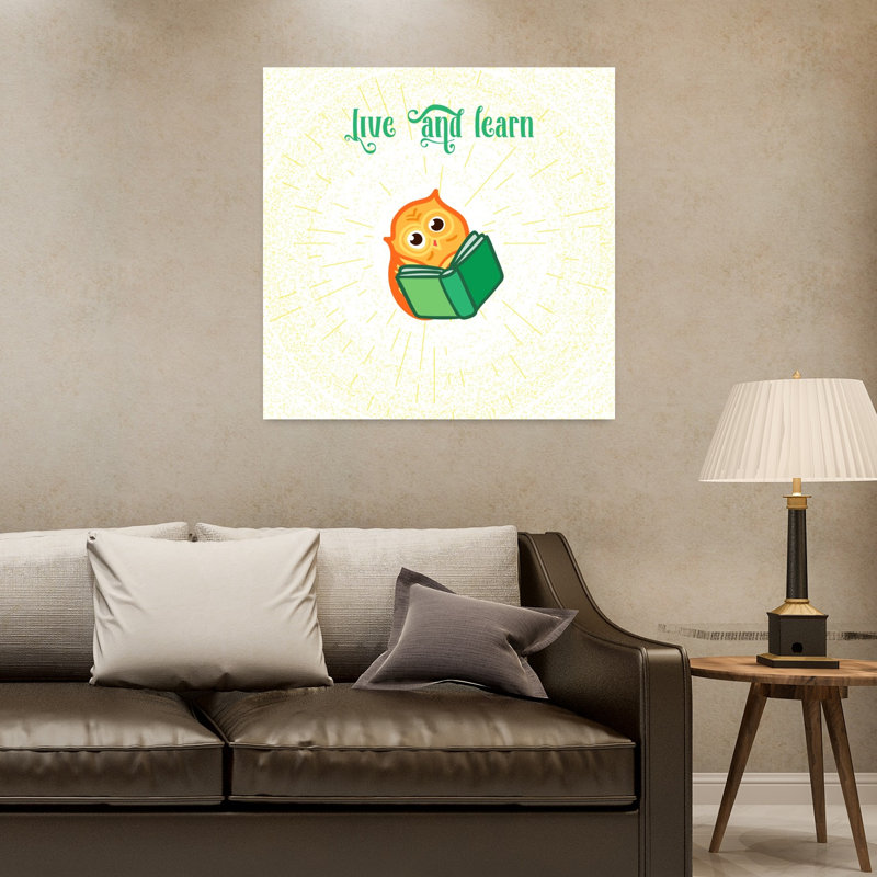 Hibou sage lisant un livre, illustration murale contemporaine représentant une forêt de chouettes, H 32 po x l 32 po